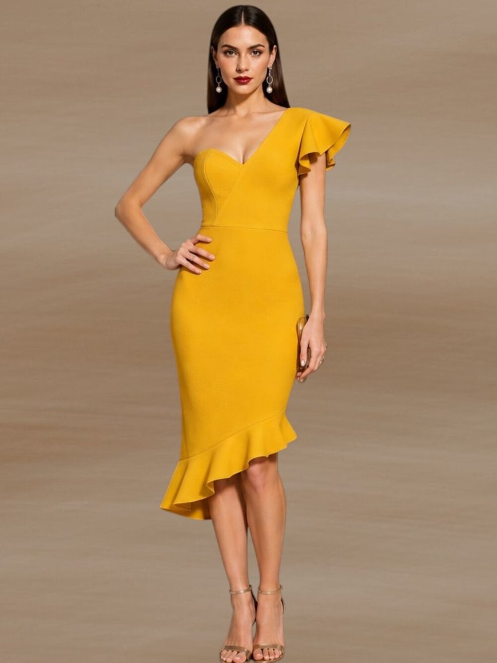 Premium Packaged Hip Ruffled One-Shoulder Trumpet Mermaid Bandage Midi Dress